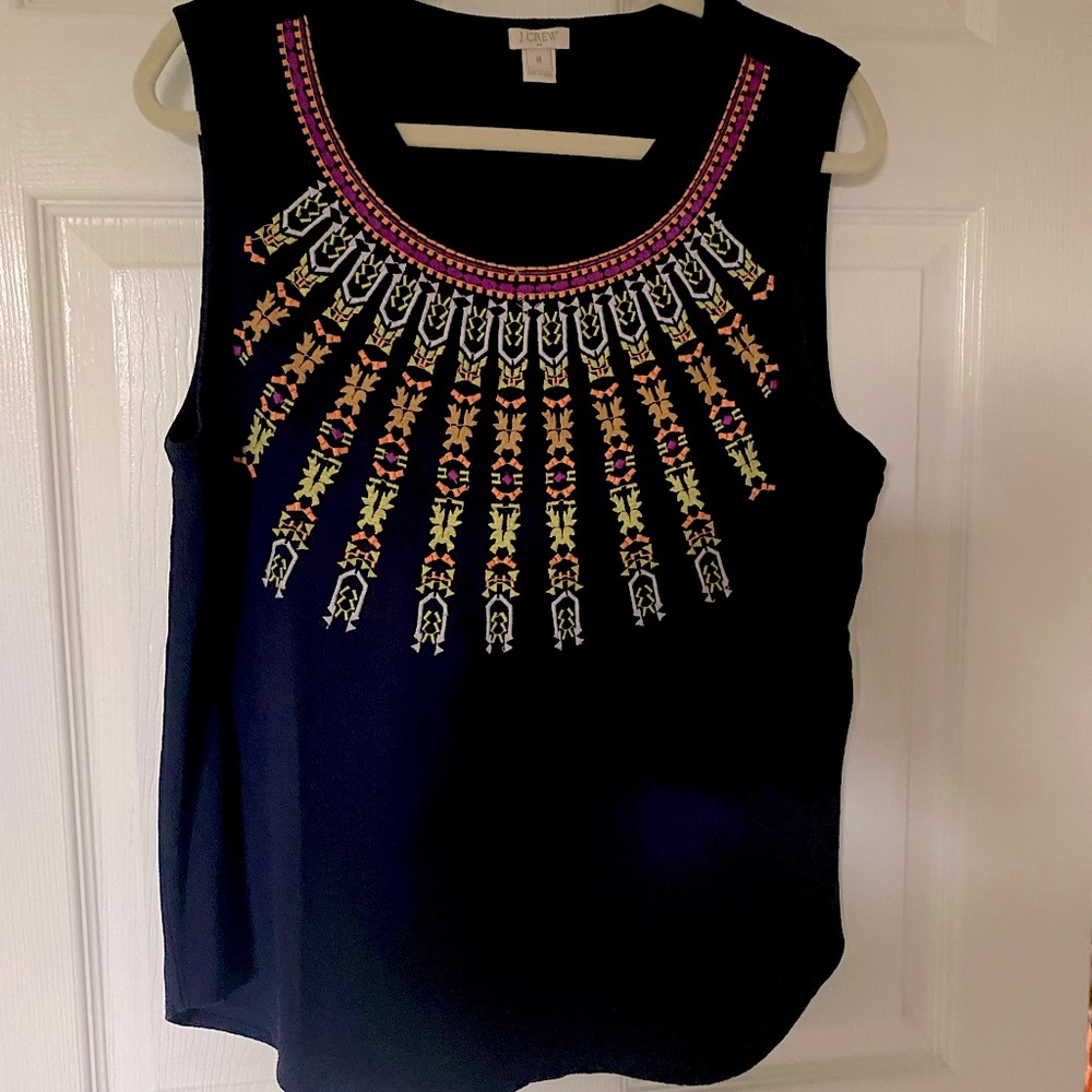 Navy sleeveless blouse w colorful embroidery